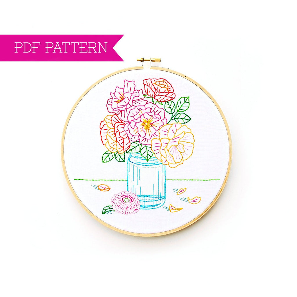 Hand Embroidery Pattern, PDF Embroidery, Floral Embroidery Design, Flower Pattern, Blue Jar pattern, PDF Pattern, Hoop Art, Hand Embroidery
