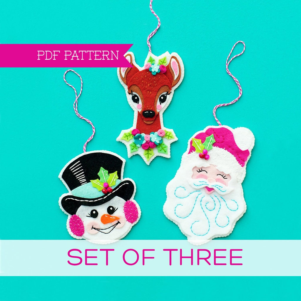 Set of 3 PDF Felt Patterns, Felt Deer, Snowman Ornament, Santa Ornament, Christmas Ornament, Sewing Pattern, Wool felt, Holiday Ornaments