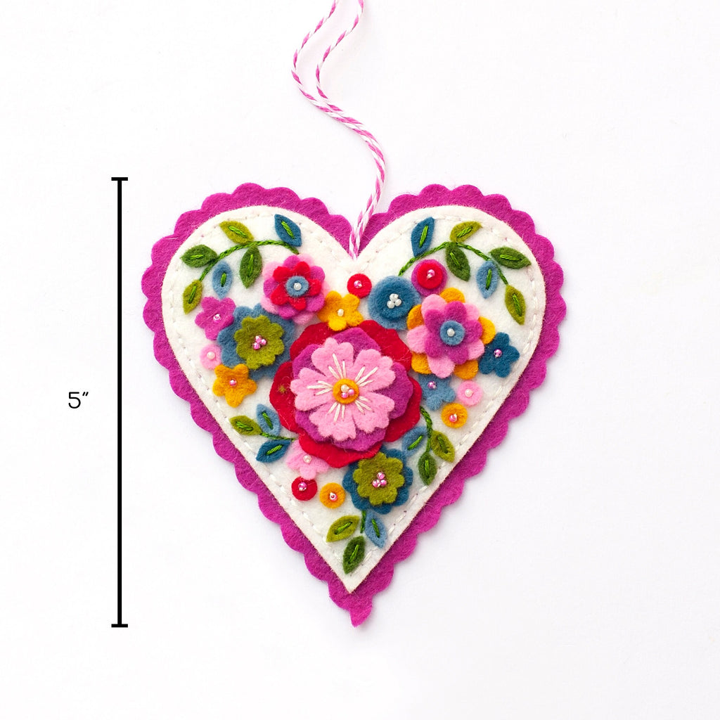 Heart Ornament Kit, DIY Craft kit, Valentine's craft, Valentine's Day supply kit, Wool Felt Ornament, Embroidery Pattern, Cottagecore supply