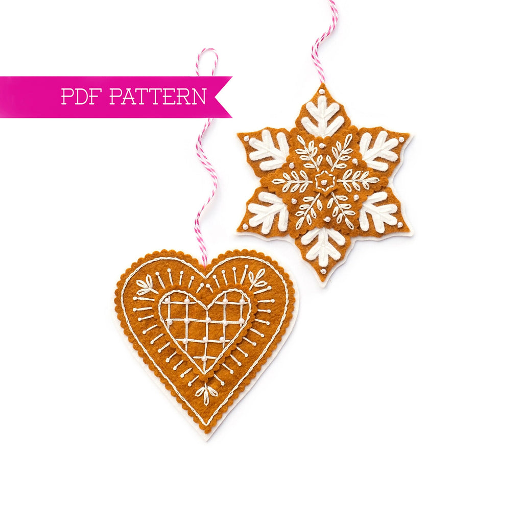 Gingerbread Snowflake Felt PDF Pattern, Gingerbread Heart Ornament, Christmas Cookie Decorations, DIY ornament, Christmas craft, Wool Felt
