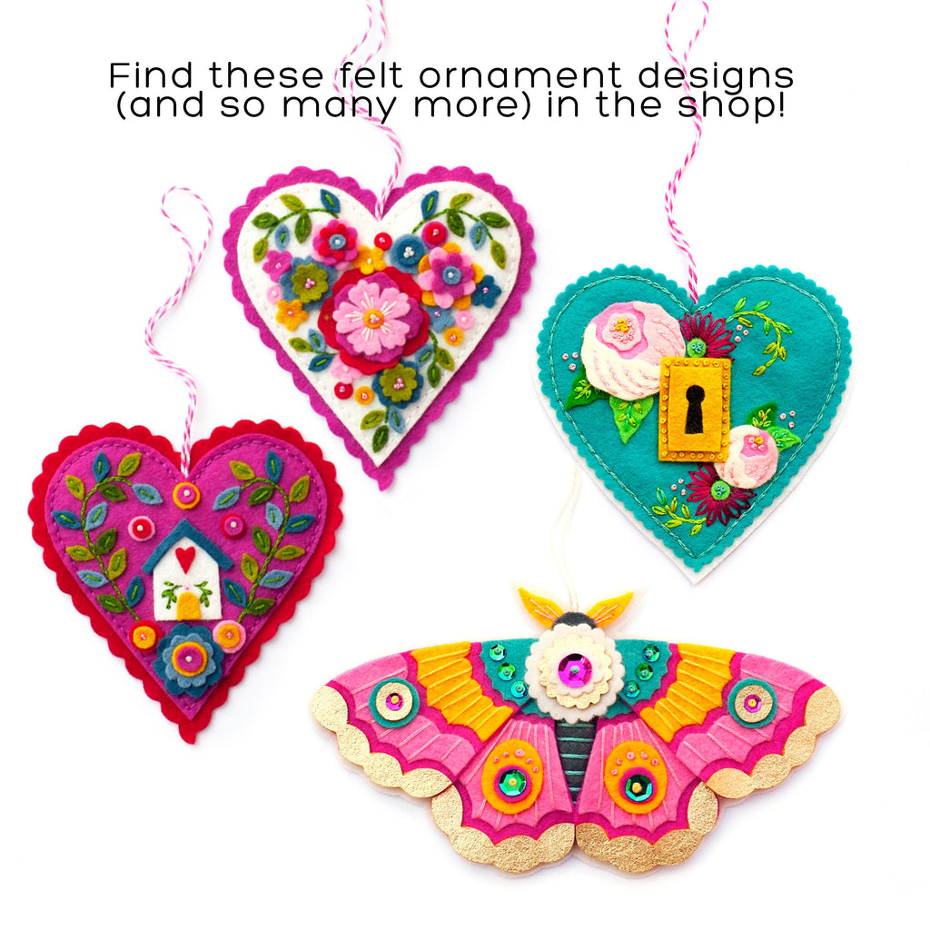 Heart Ornament Kit, DIY Craft kit, Valentine's craft, Valentine's Day supply kit, Wool Felt Ornament, Embroidery Pattern, Cottagecore supply