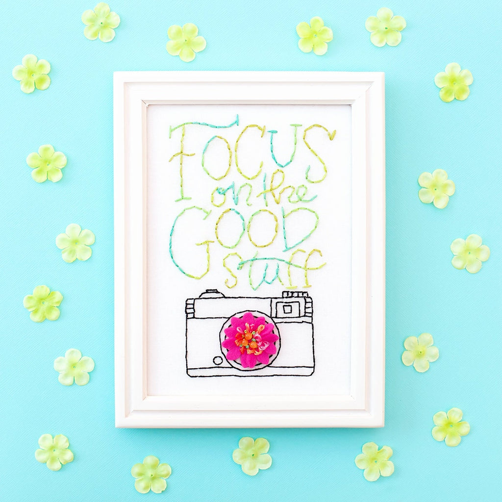 PDF Embroidery Pattern, Vintage Camera, Hand stitched flower, Stitched Quote, Gift for her, Inspirational quote, Hoop art, Fabric Flower