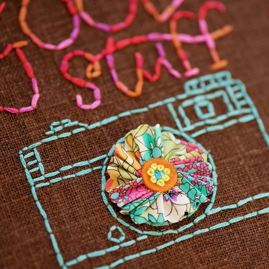 PDF Embroidery Pattern, Vintage Camera, Hand stitched flower, Stitched Quote, Gift for her, Inspirational quote, Hoop art, Fabric Flower