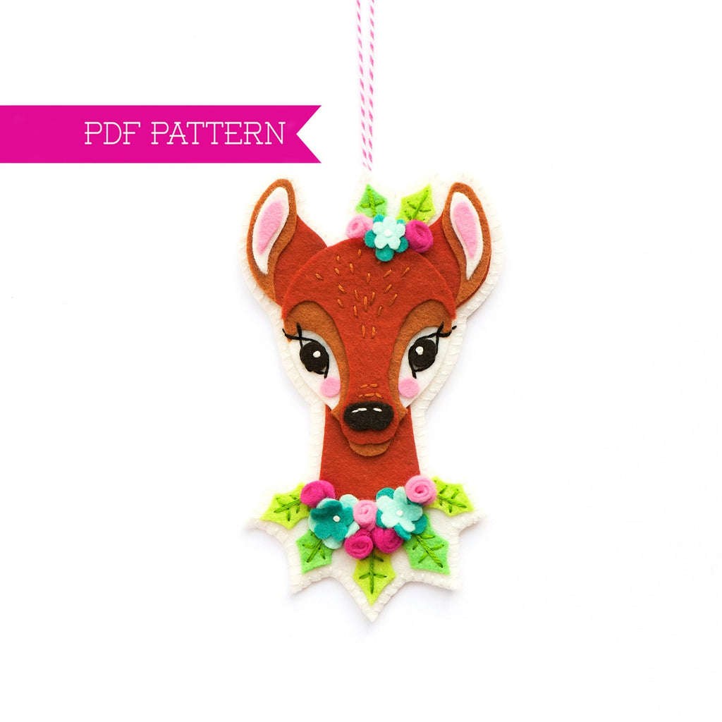 Felt PDF Pattern, Reindeer Ornament, Christmas Ornament, Deer Embroidery Pattern, Felt Deer, Woodland Animal, Felt flowers, Deer Softie