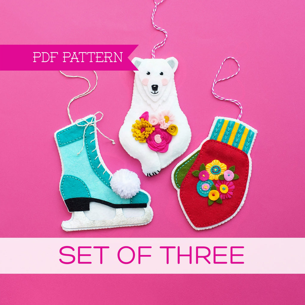 Set of 3 PDF Felt Patterns, Polar Bear Ornament, Teacher Gift, Ice Skate, Xmas Ornament, Vintage Holiday, Holiday Ornament, Winter Ornaments