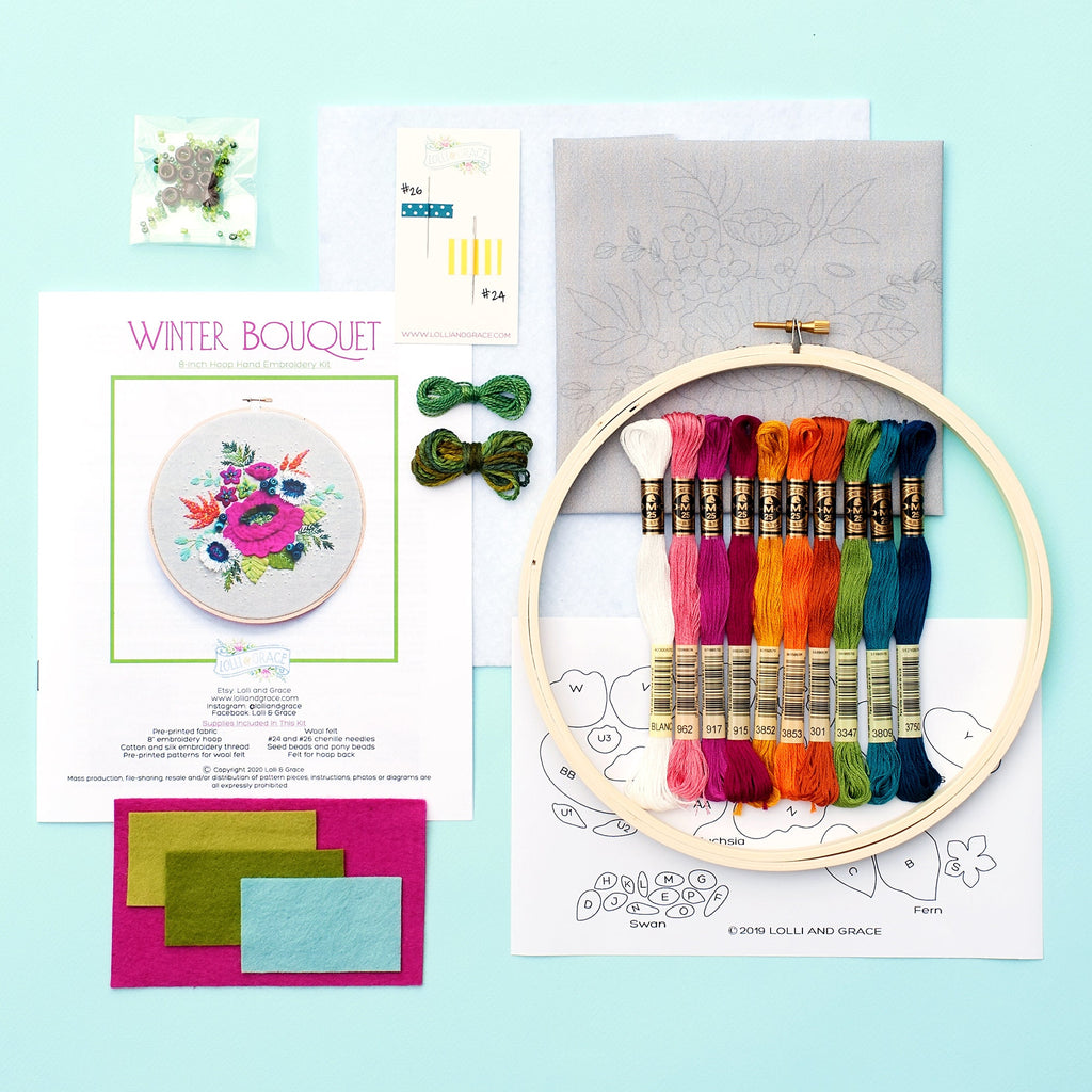 Flower Embroidery Supply Kit, DIY Needlework, Floral Embroidery, Stitching DIY Kit, DIY Embroidery, Flower Hoop Art, Modern Embroidery