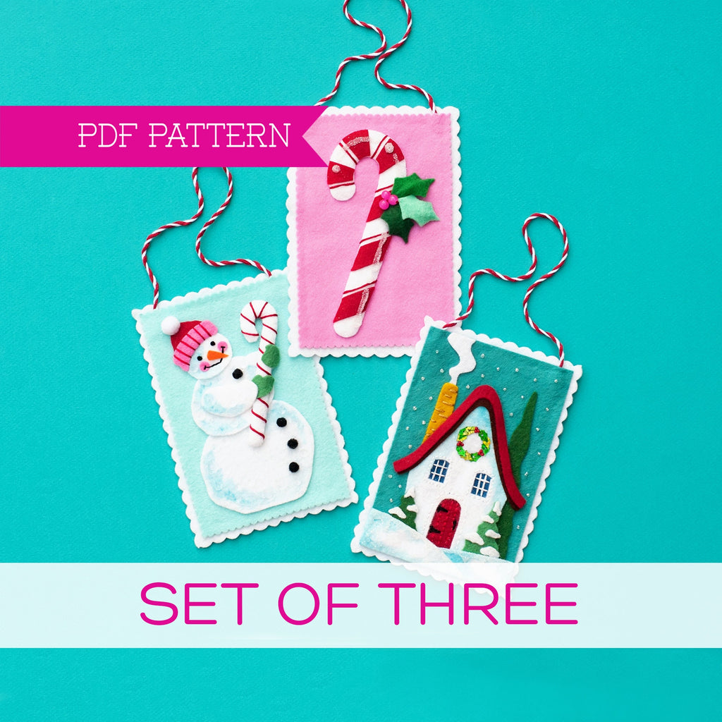Set of 3 PDF Felt Patterns, Cottage Ornament, Vintage Snowman, Candy Cane, Christmas Ornament, Wool felt, Holiday Ornaments, DIY Ornaments