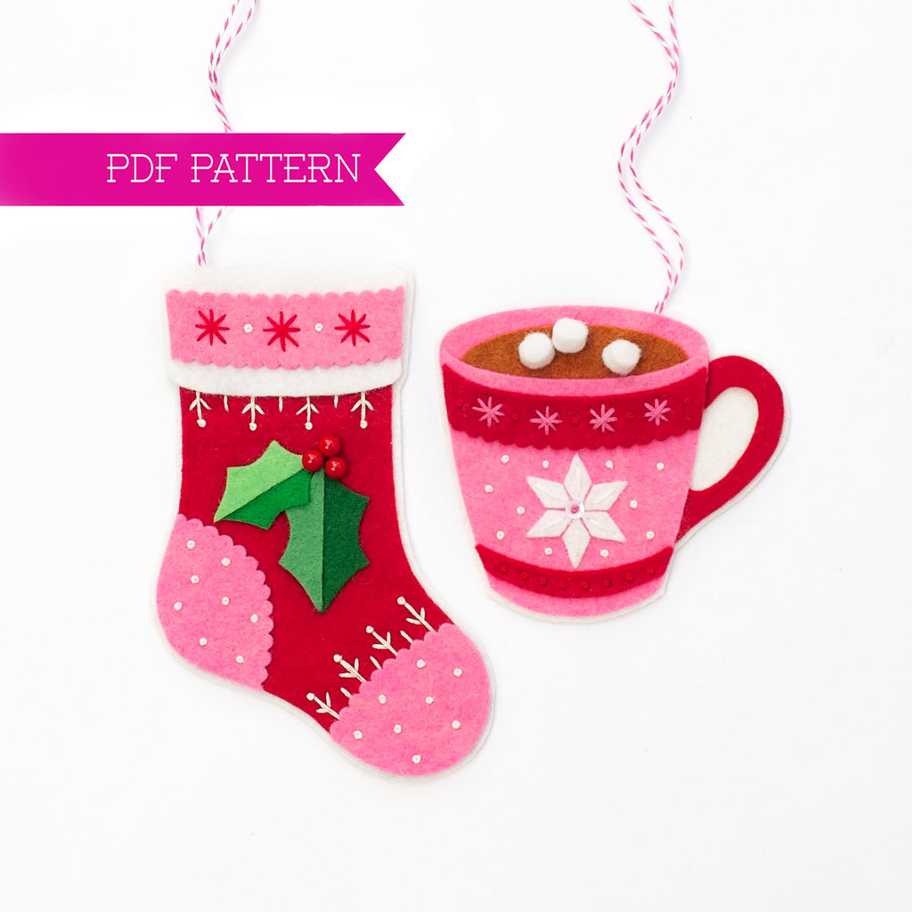 Felt PDF Pattern, Stocking Ornament, Hot Chocolate, DIY ornament, Cocoa felt PDF, Christmas craft, Wool felt pattern, Cottagecore decor