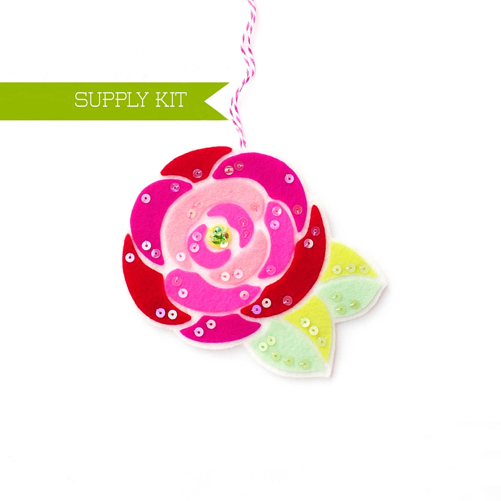 Rose Ornament Kit, Wool Felt Ornament, DIY Craft kit, Felt Flower, Valentine's craft, Embroidery Pattern, Cottagecore supply, Floral decor