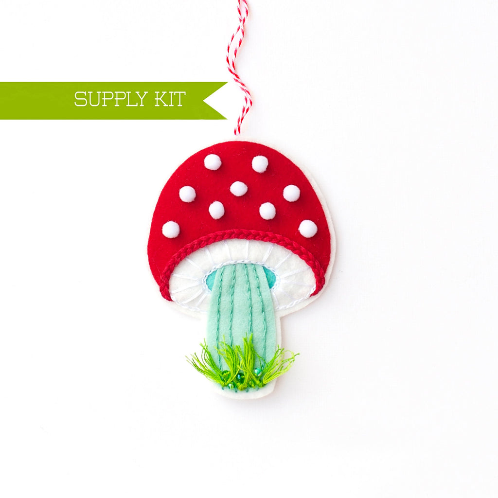 Red Mushroom Ornament Kit, Wool Felt Ornament, DIY Craft kit, Felt Flower, Fly Agaric, Mushroom Pattern, Cottagecore supply, Toadstool Decor
