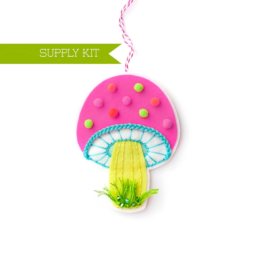 Pink Mushroom Ornament Kit, Wool Felt Ornament, DIY Craft kit, Felt Flower, Fly Agaric, Mushroom Pattern, Cottagecore supply, Toadstool Kit